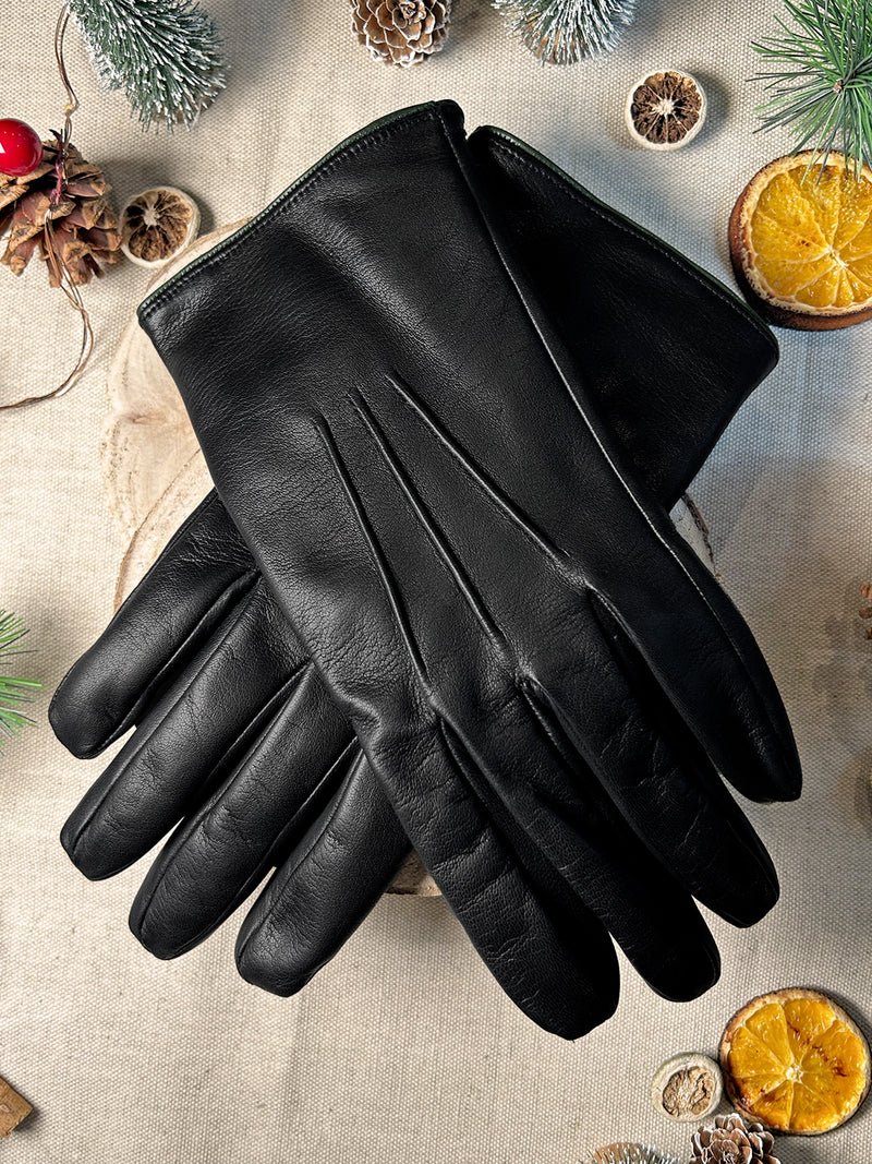 Gants En Cuir Noirs Doublure Cachemire - Verte