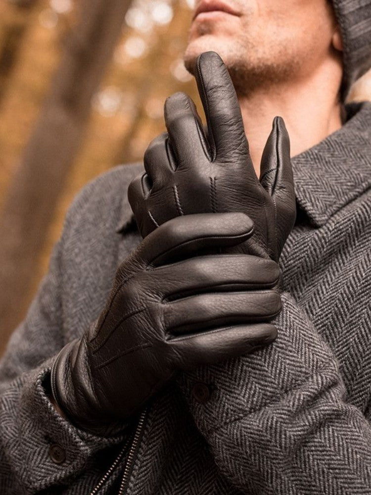 Gants Tactiles En Cuir De Cerf - Noir