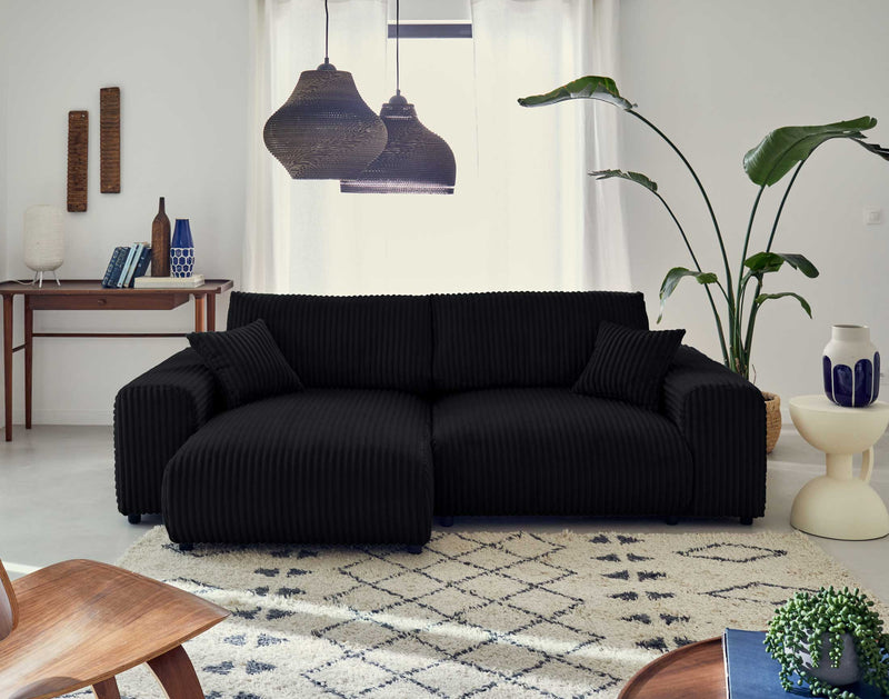 Garance - Canapé D'Angle Réversible - 4 Places - Velours Grosses Côtes - Noir