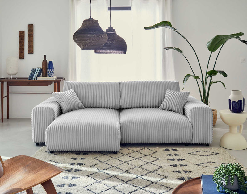 Garance - Canapé D'Angle Réversible - 4 Places - Velours Grosses Côtes - Gris Clair