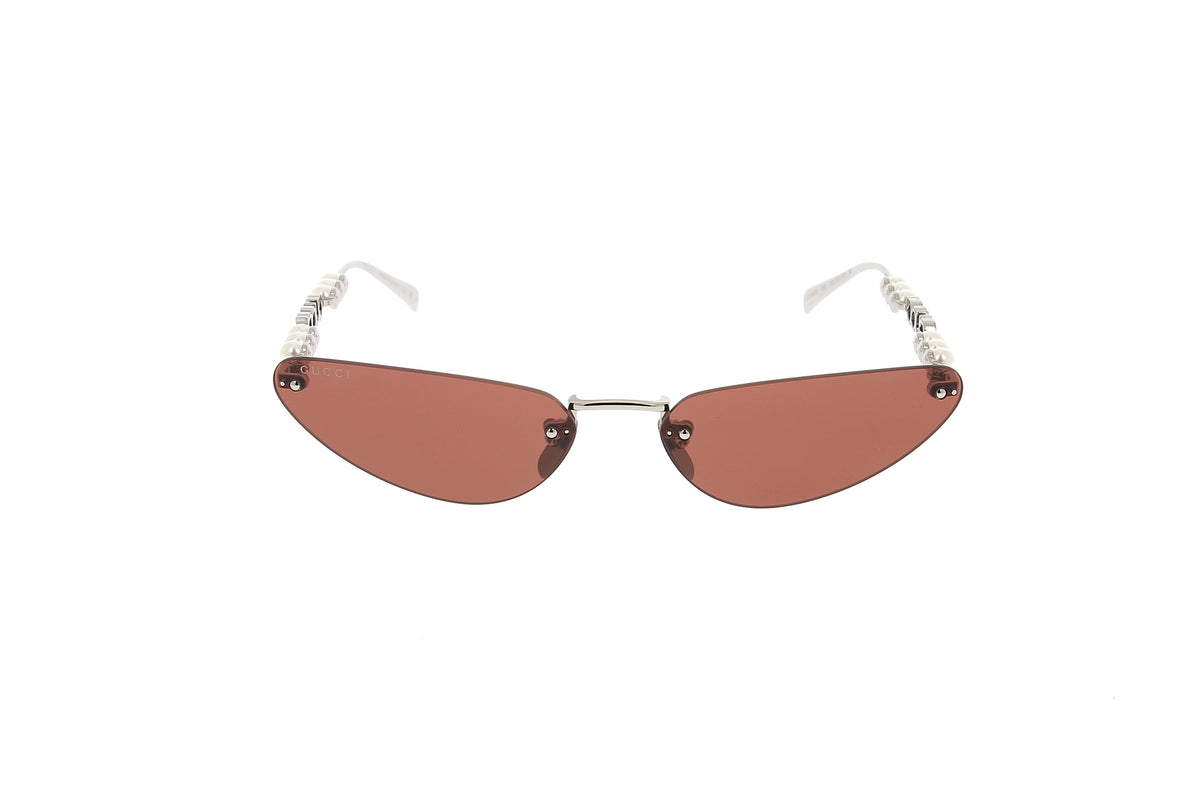 Luxury Eyewear – Zonnebrillen - Gucci, bruine zonnebril met zilverkleurig montuur, vooraanzicht