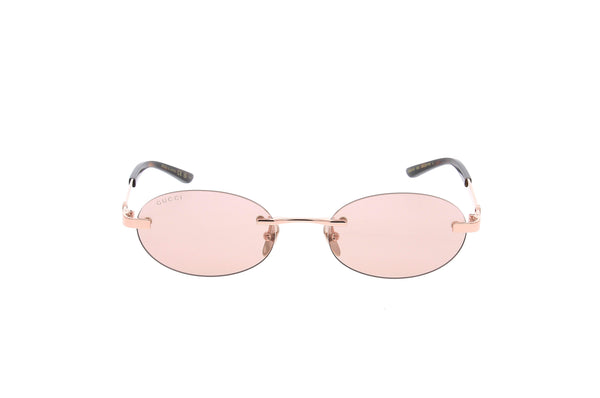Luxury Eyewear – Solglasögon - Gucci, ovala solglasögon med tunn guldmetallbåge och rosa glas