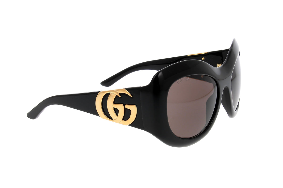 Luksusowe okulary – Okulary przeciwsłoneczne – Gucci, czarne okulary przeciwsłoneczne z przyciemnianymi szkłami i złotym logo na zauszniku