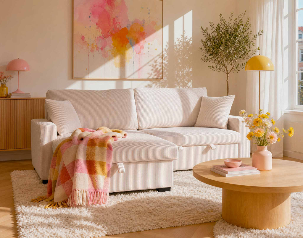 Gisele - Reversible 4-Seater Corner Sofa Bed with Large Chaise Longue and Storage Compartment - Corduroy - Beige