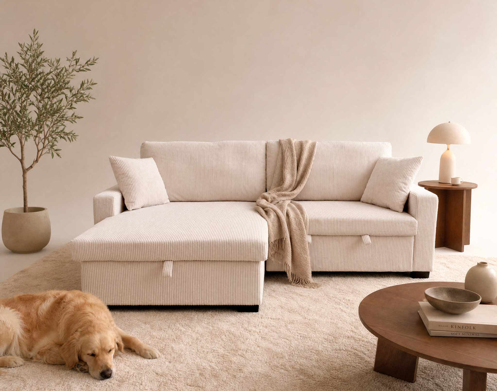 Gisele - Reversible 4-Seater Corner Sofa Bed with Large Chaise Longue and Storage Compartment - Corduroy - Beige
