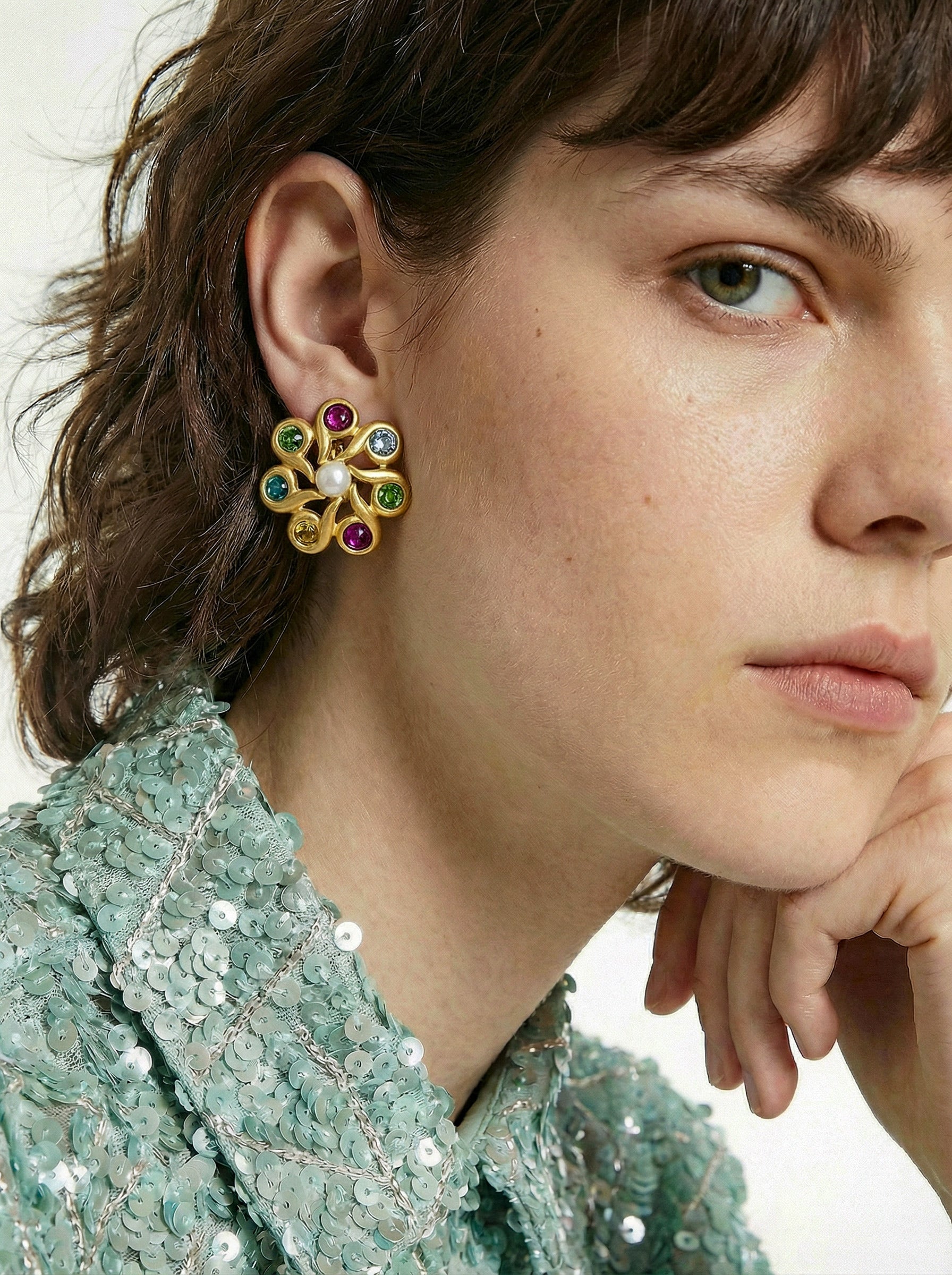 Vintage Givenchy Gold-Tone Floral Clip-On Earrings With Multicolour Crystals