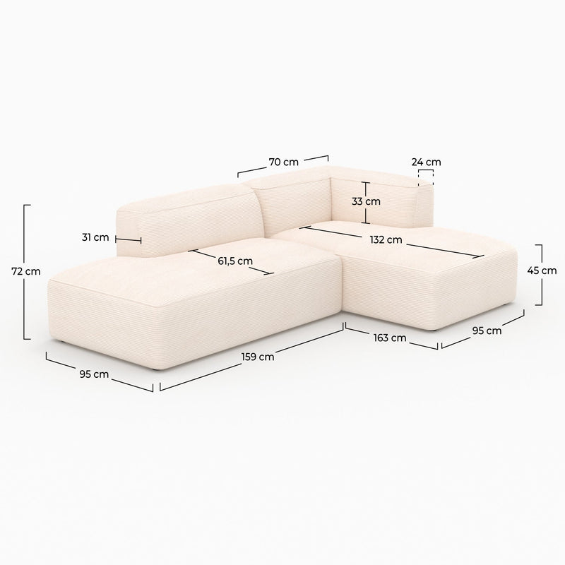 Canapé d'angle droit modulable Mina en velours côtelé blanc 4 places