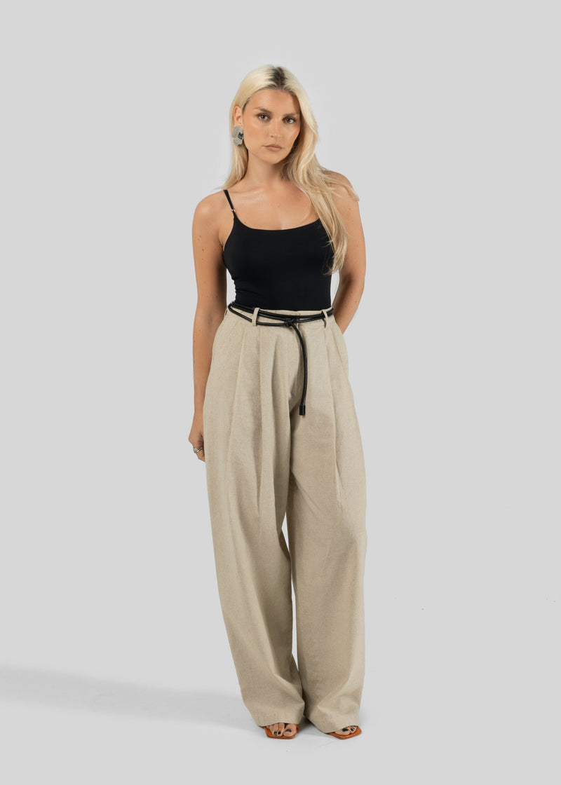 Pantalon Chloe Linen Barrel Leg Tailored Trousers - Beige