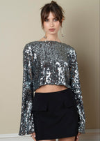 Top a Maniche Lunghe Rue Sequin Cropped - Dark Sage Green