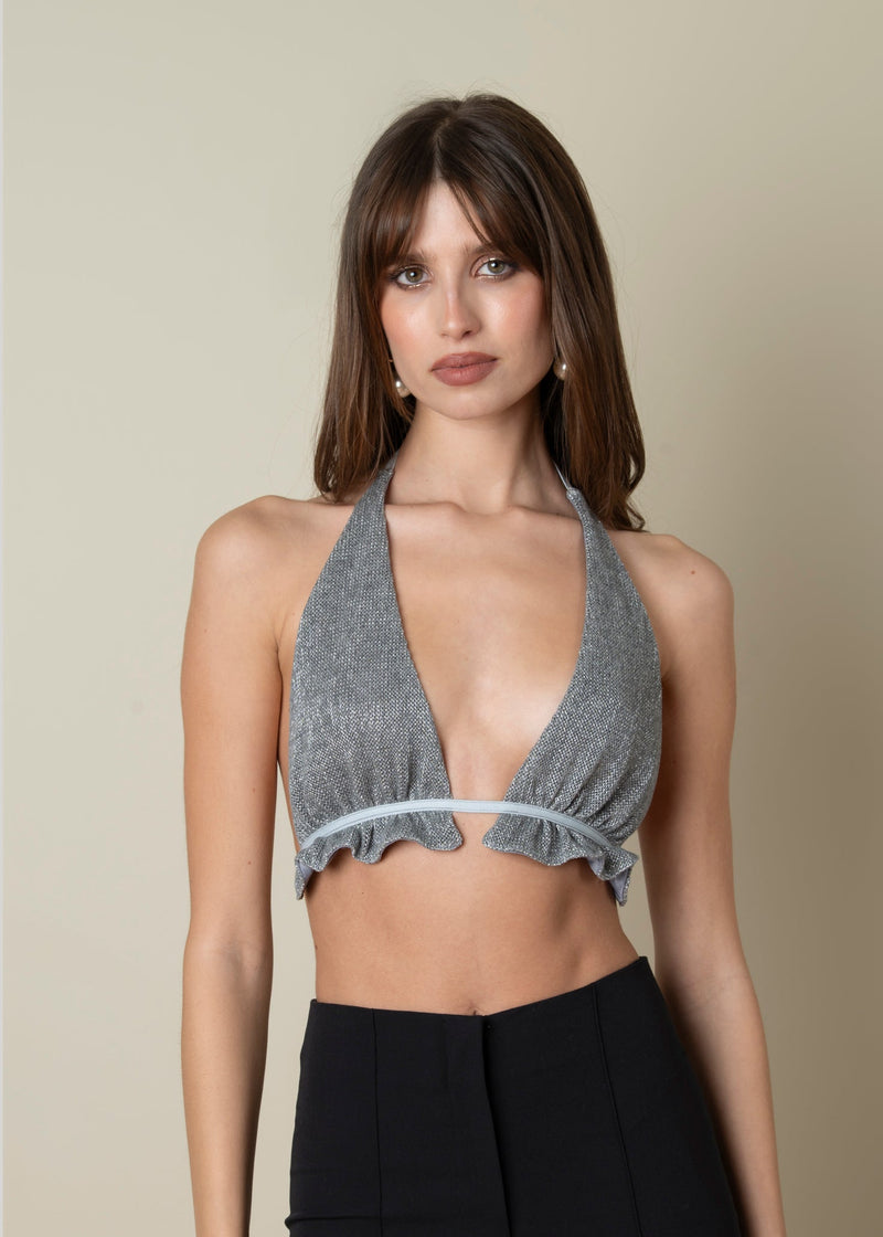 Top Chain Shimmer Backless Halter – Silver