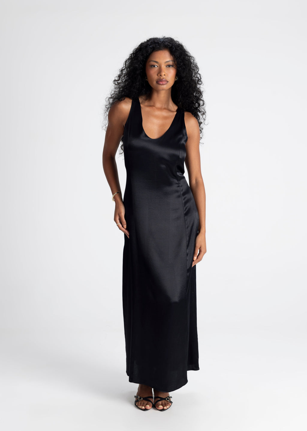 Elena Long Satin Dress - Black