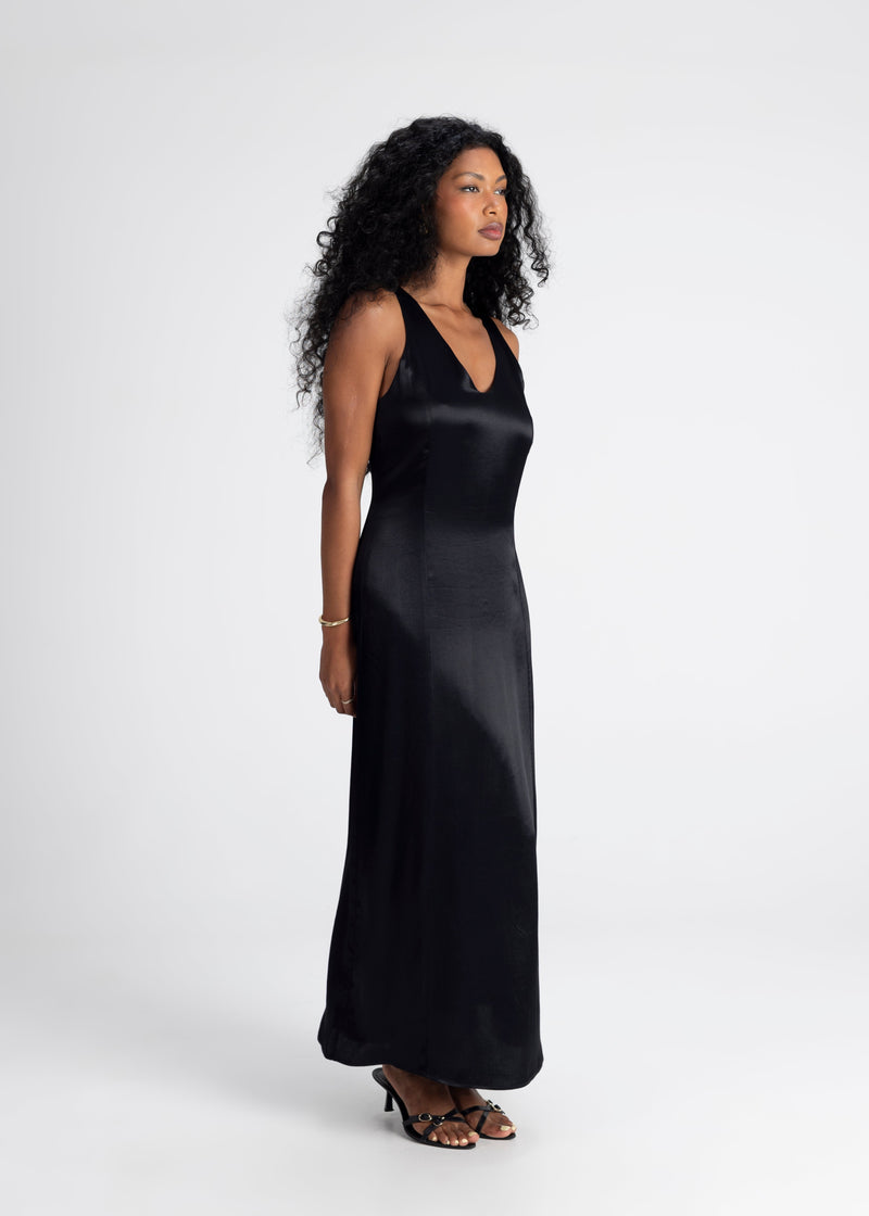 Robe Elena Long Satin - Black