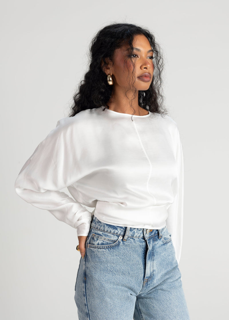 Blouse Halo Long Sleeve Satin - White