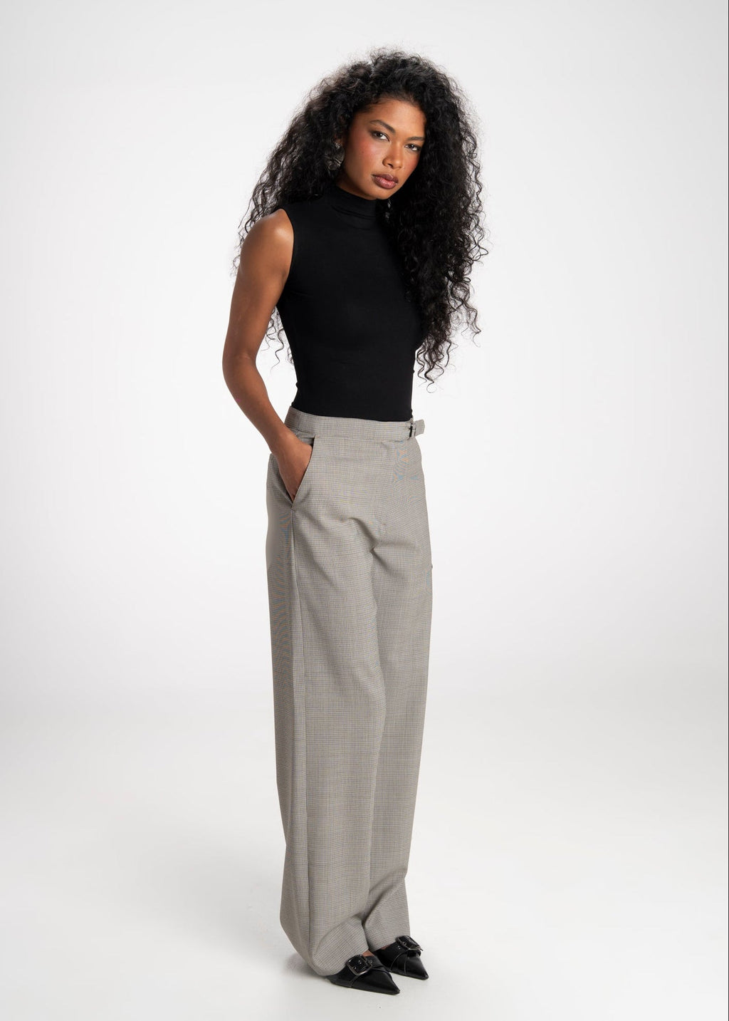 Rush Mid-Waist Checked Wool Tailored Trousers