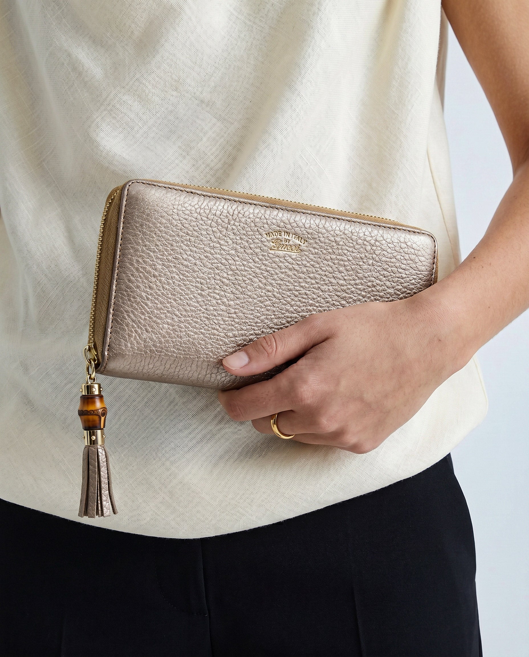 Gucci Gold Grained Leather Bamboo Zippy Wallet