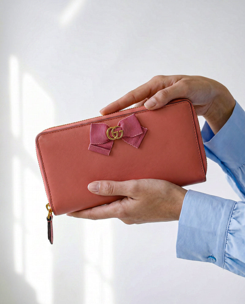 Gucci Pink Leather Wallet With Gg Bow