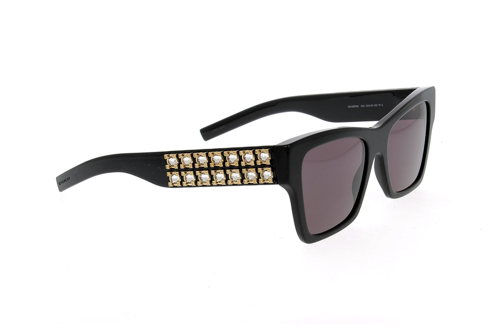 Luxury Eyewear – Solglasögon - Givenchy, svarta solglasögon med guldiga och vita dekorationer på skalmarna