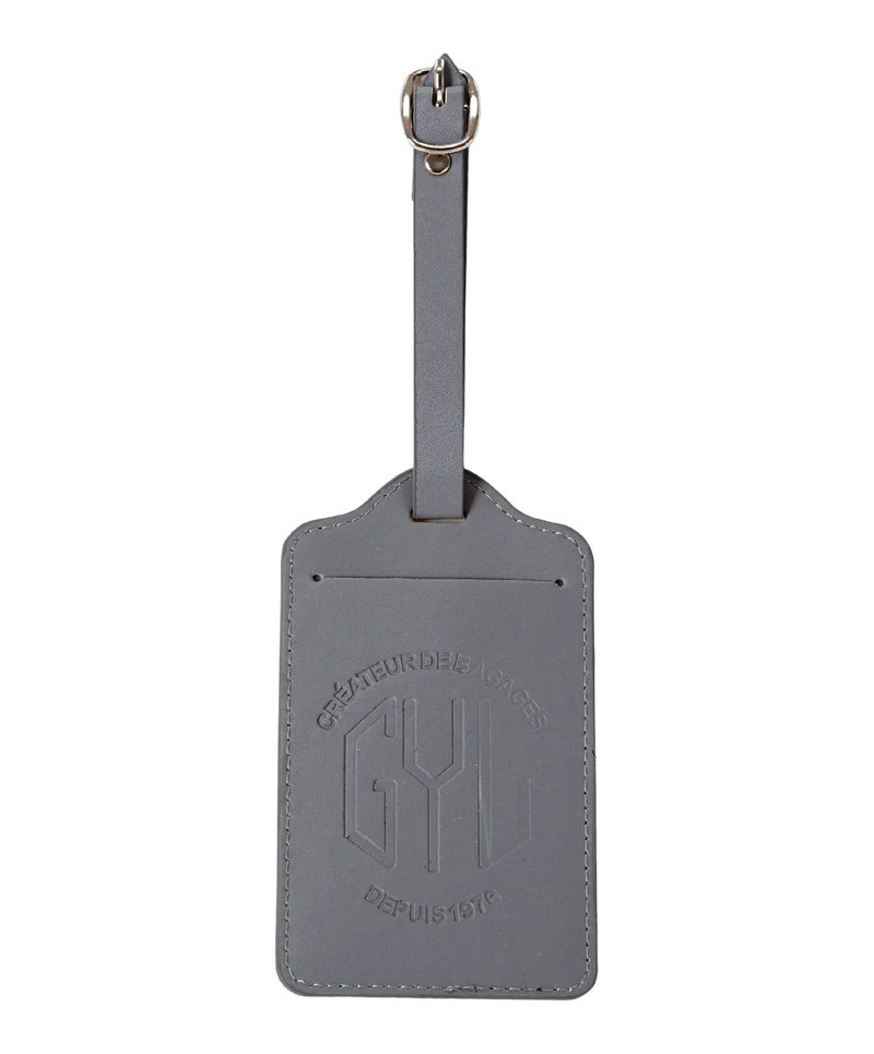 Etiquette a bagages GYL argent vue face logo fond transparent