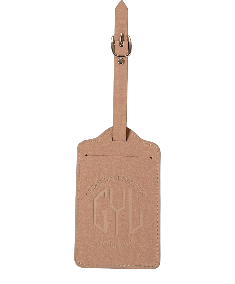 Etiquette a bagages GYL champagne vue face avec logo Createur de Bagages fond transparent