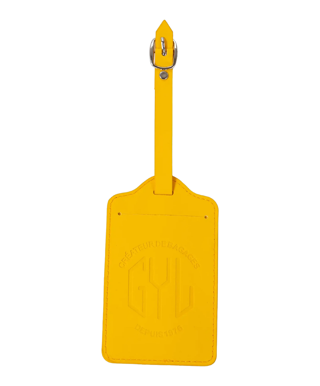 Yellow GYL luggage tag front view logo transparent background