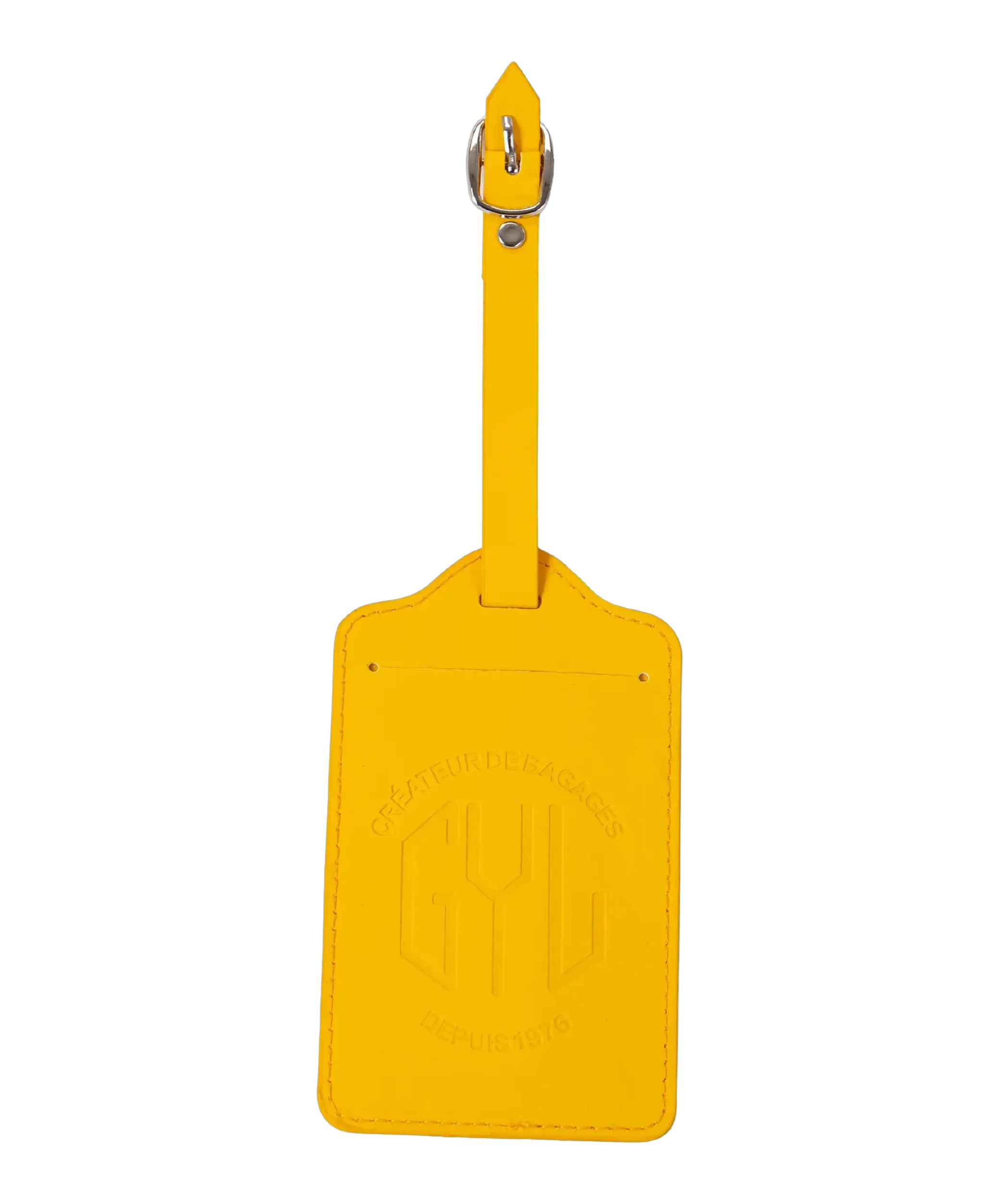 Yellow GYL luggage tag front view logo transparent background