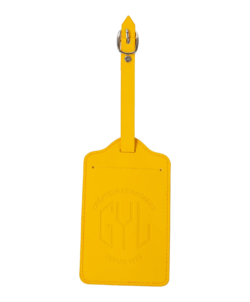 Etiquette a bagages GYL jaune vue face logo fond transparent