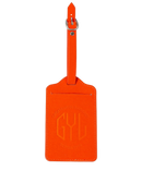Etiquette a bagages GYL orange vue face avec logo Createur de Bagages fond transparent