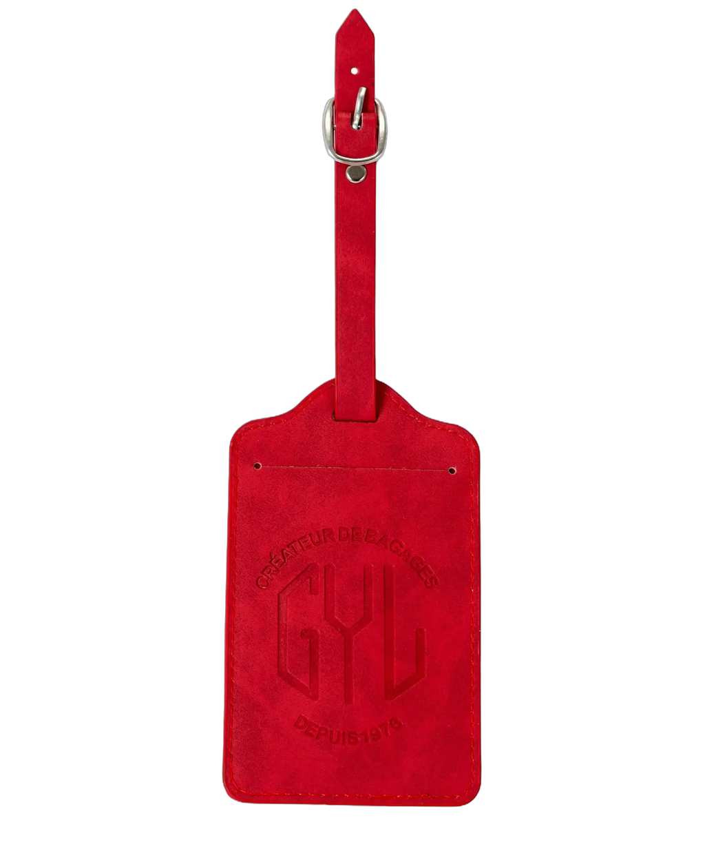 Red GYL luggage tag front view with Createur de Bagages logo transparent background