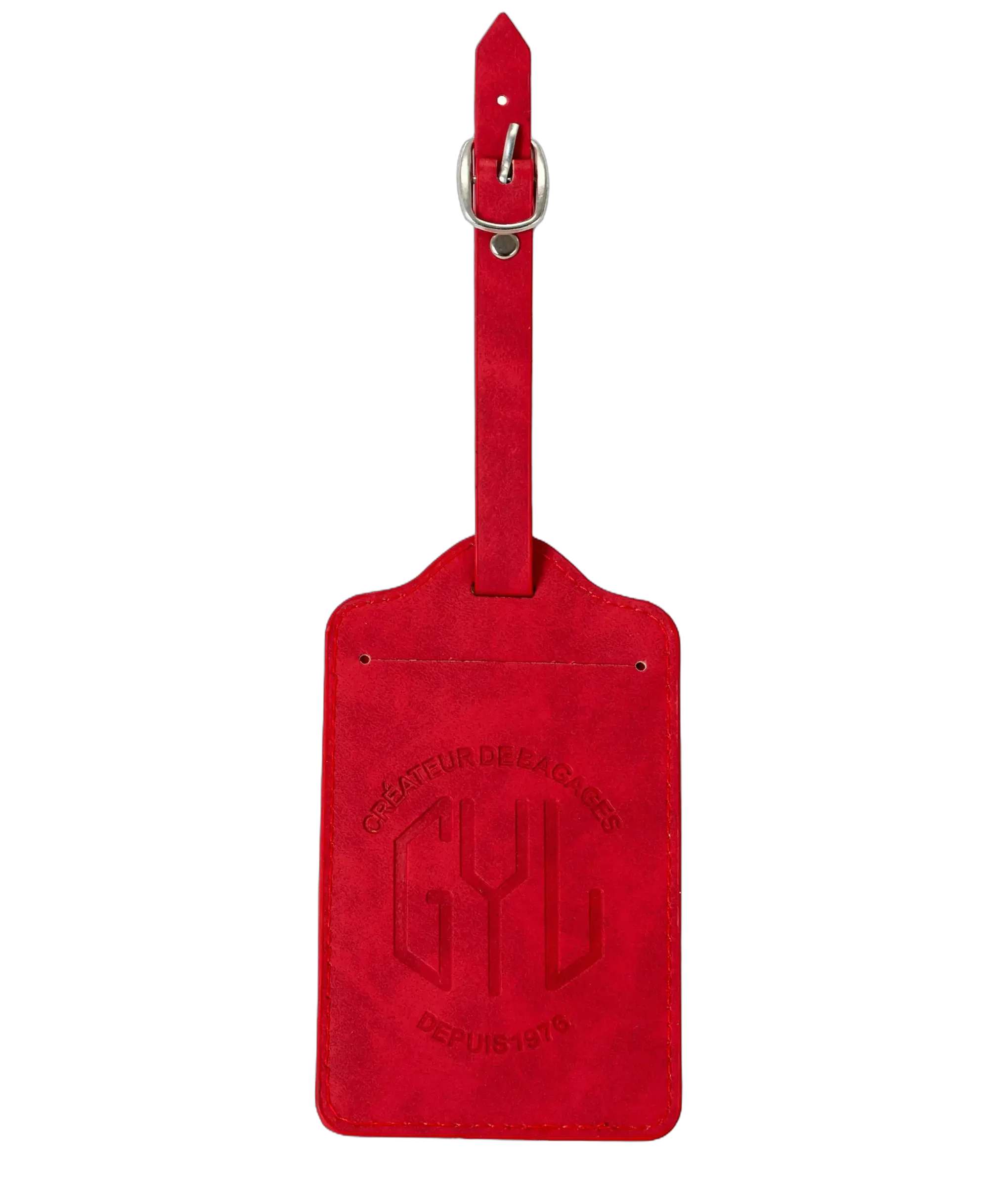 Red GYL luggage tag front view with Createur de Bagages logo transparent background