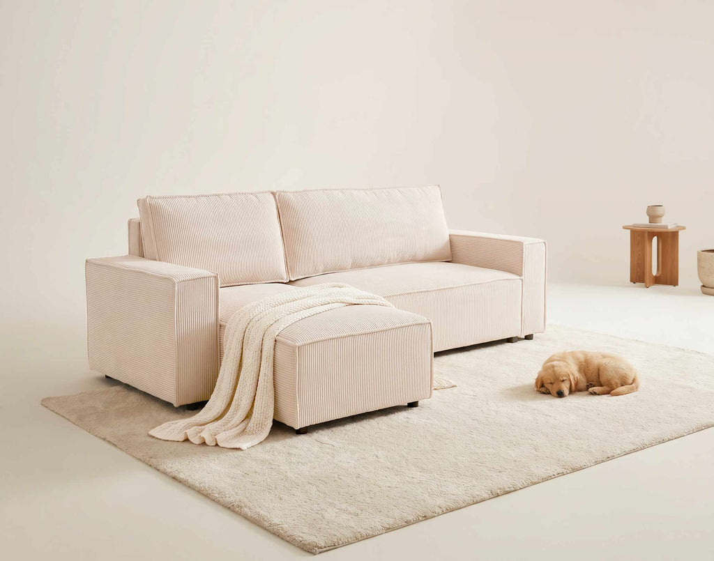 Hector - Divano Angolare Reversibile 4 Posti Divano Letto Con Contenitore - Velluto a Coste - Beige