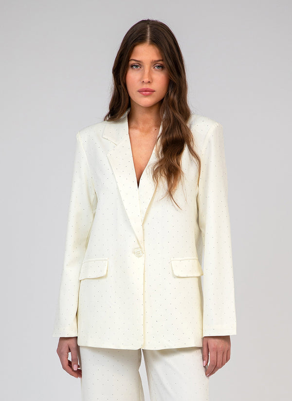 An'ge – Veste Hossina Ecru, mannequin portant un blazer blanc cassé à pois dorés, vue de face