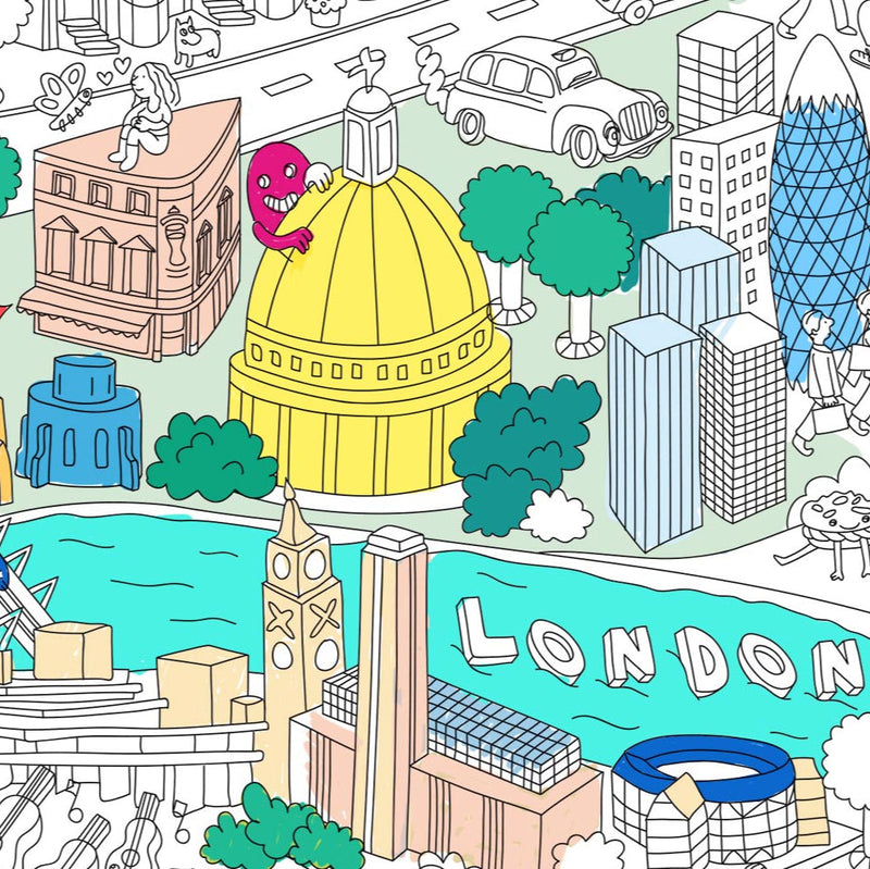 Illustration du poster Londres à colorier, vue rapprochée de Big Ben, dômes et taxi londonien