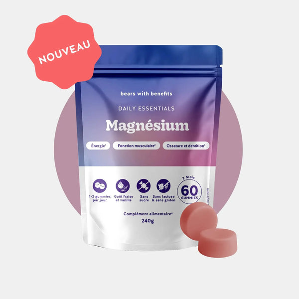 Immagine prodotto - sacchetto da 60 gummies al magnesio vegane, senza zucchero, gusto fragola e vaniglia l Bears with Benefits