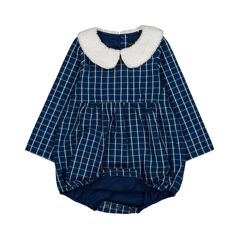 Barboteuse Basile - Carreaux Col Moumoute - Bleu