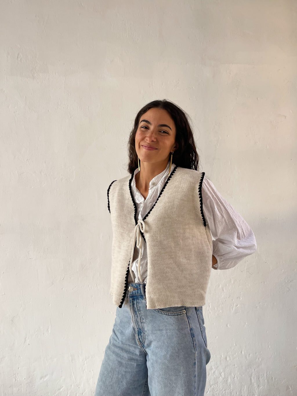 Beige and Navy Knit Cardigan