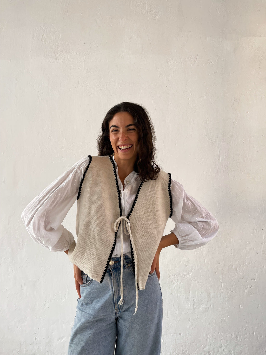 Beige and Navy Knit Cardigan
