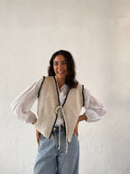 Beige and Navy Knit Cardigan