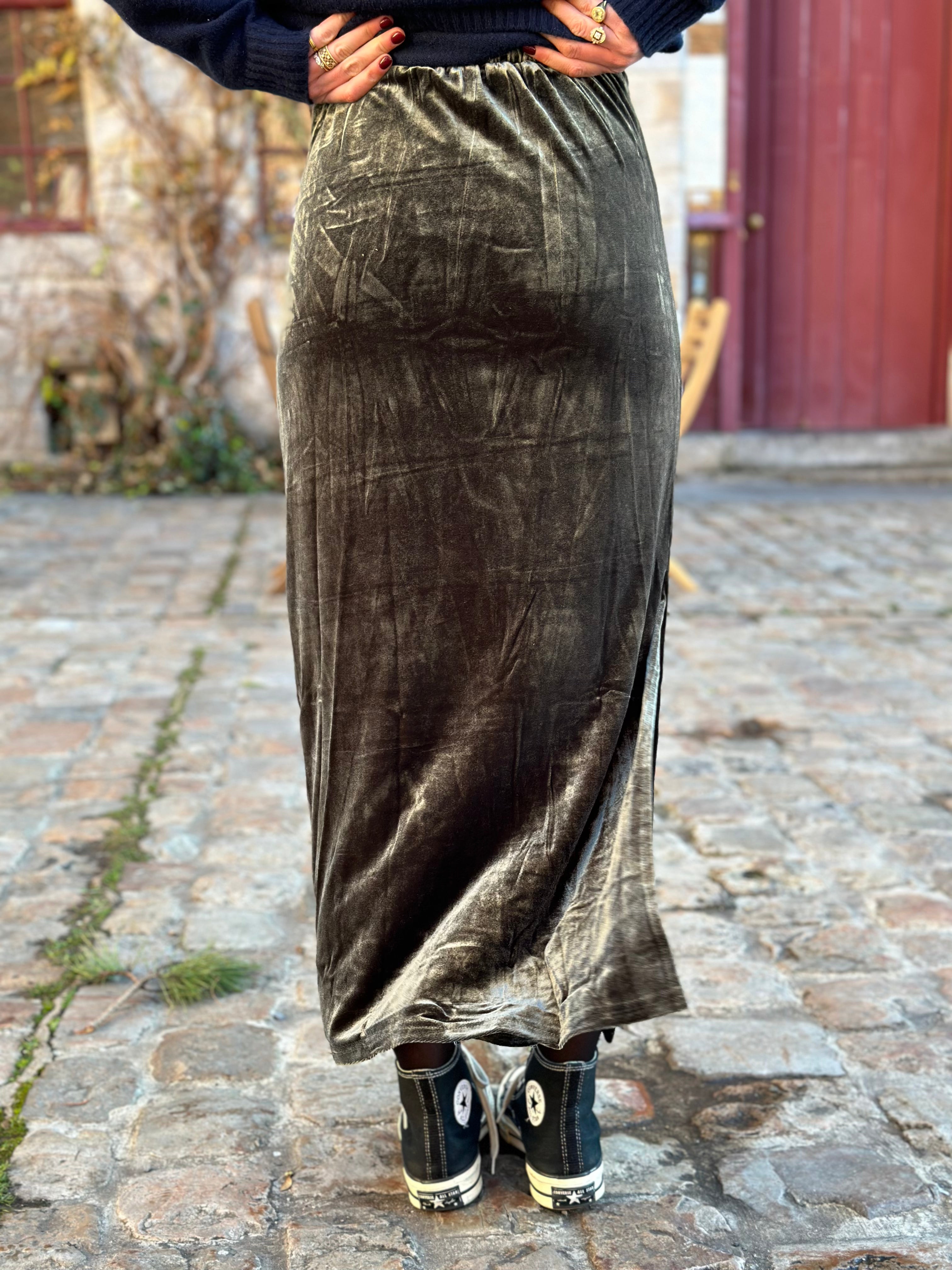 Agathe Khaki Velvet Skirt