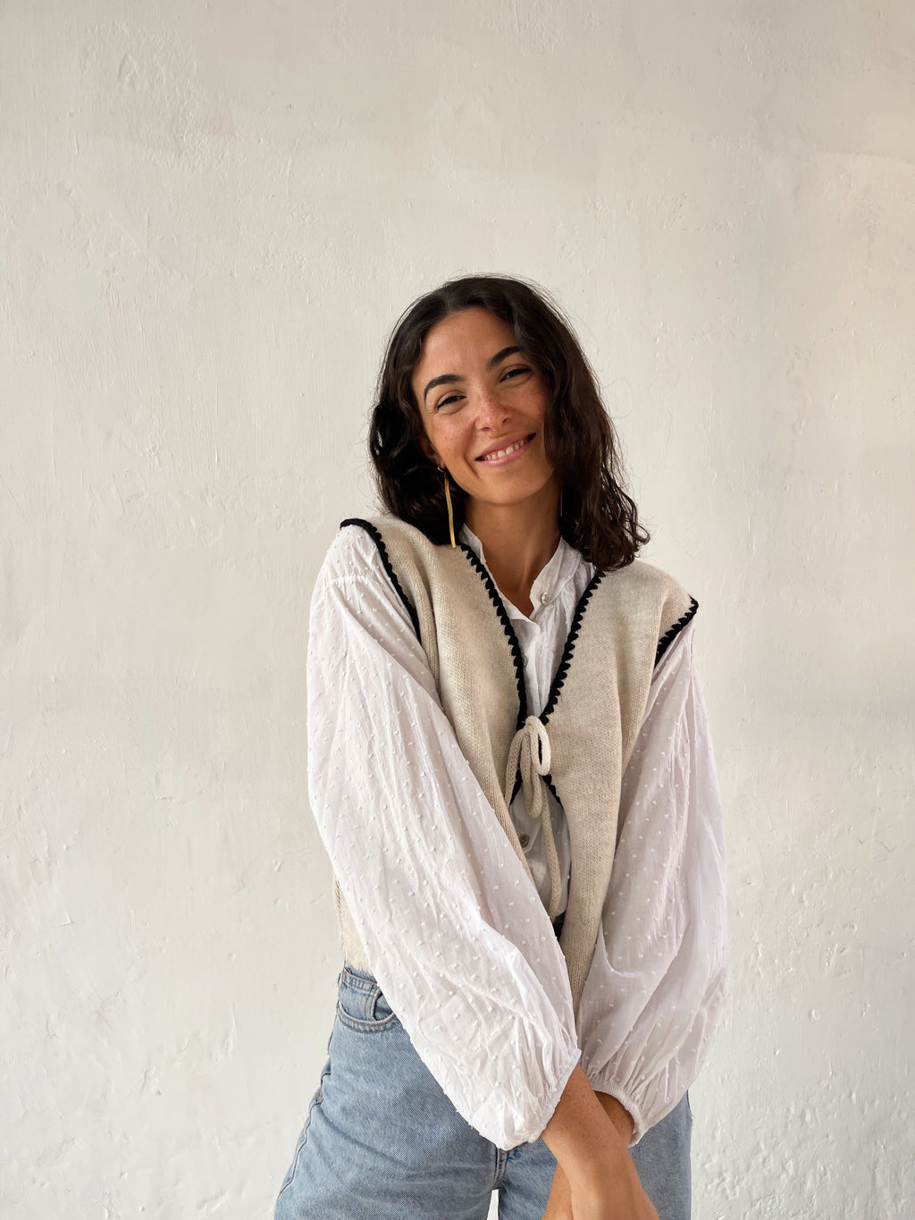 Beige and Navy Knit Cardigan