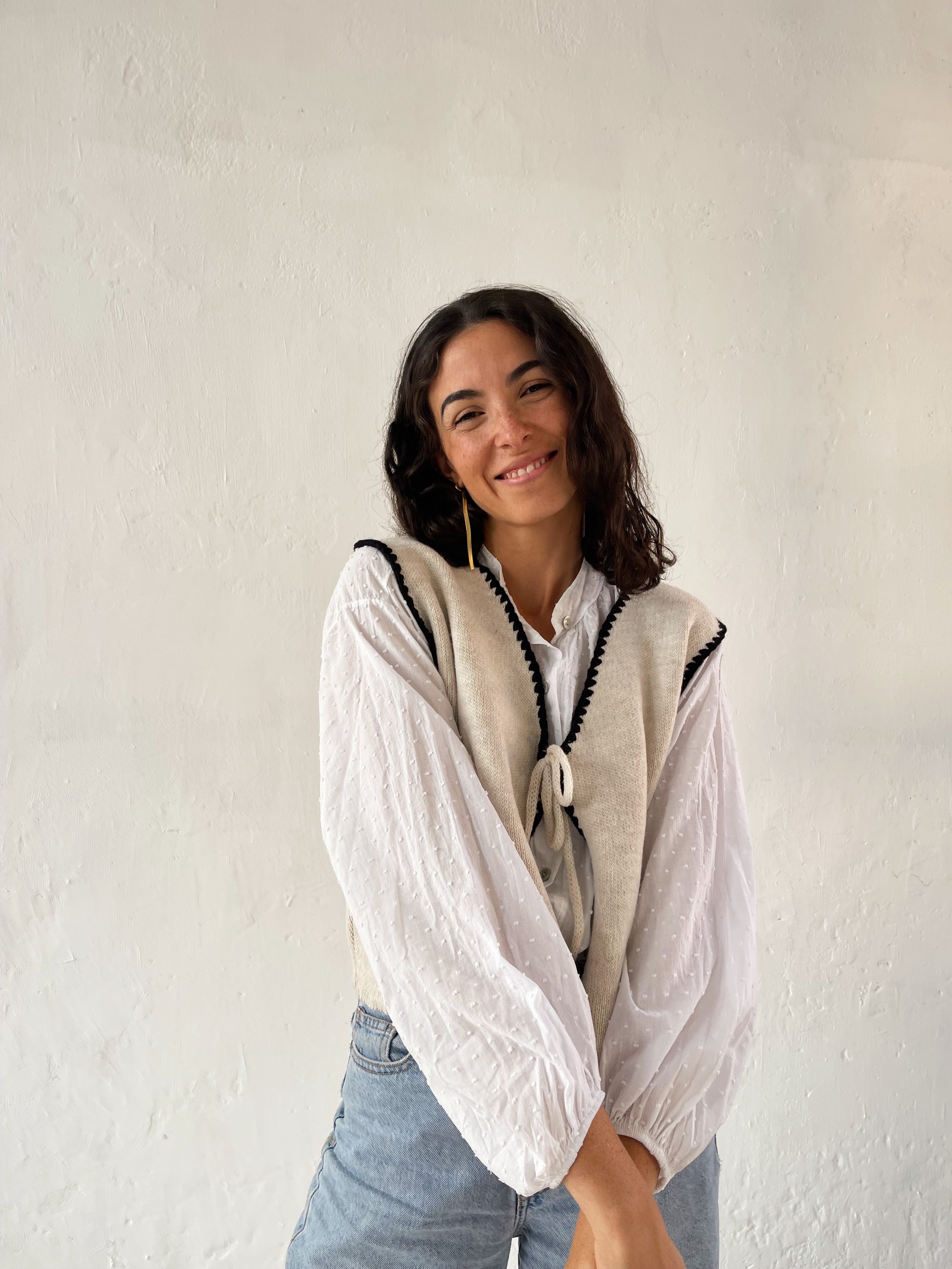 Beige and Navy Knit Cardigan