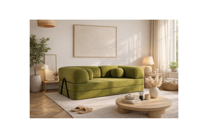 Nebula - Canapé Convertible - 3 Places - Velours Texturé - Vert Kaki