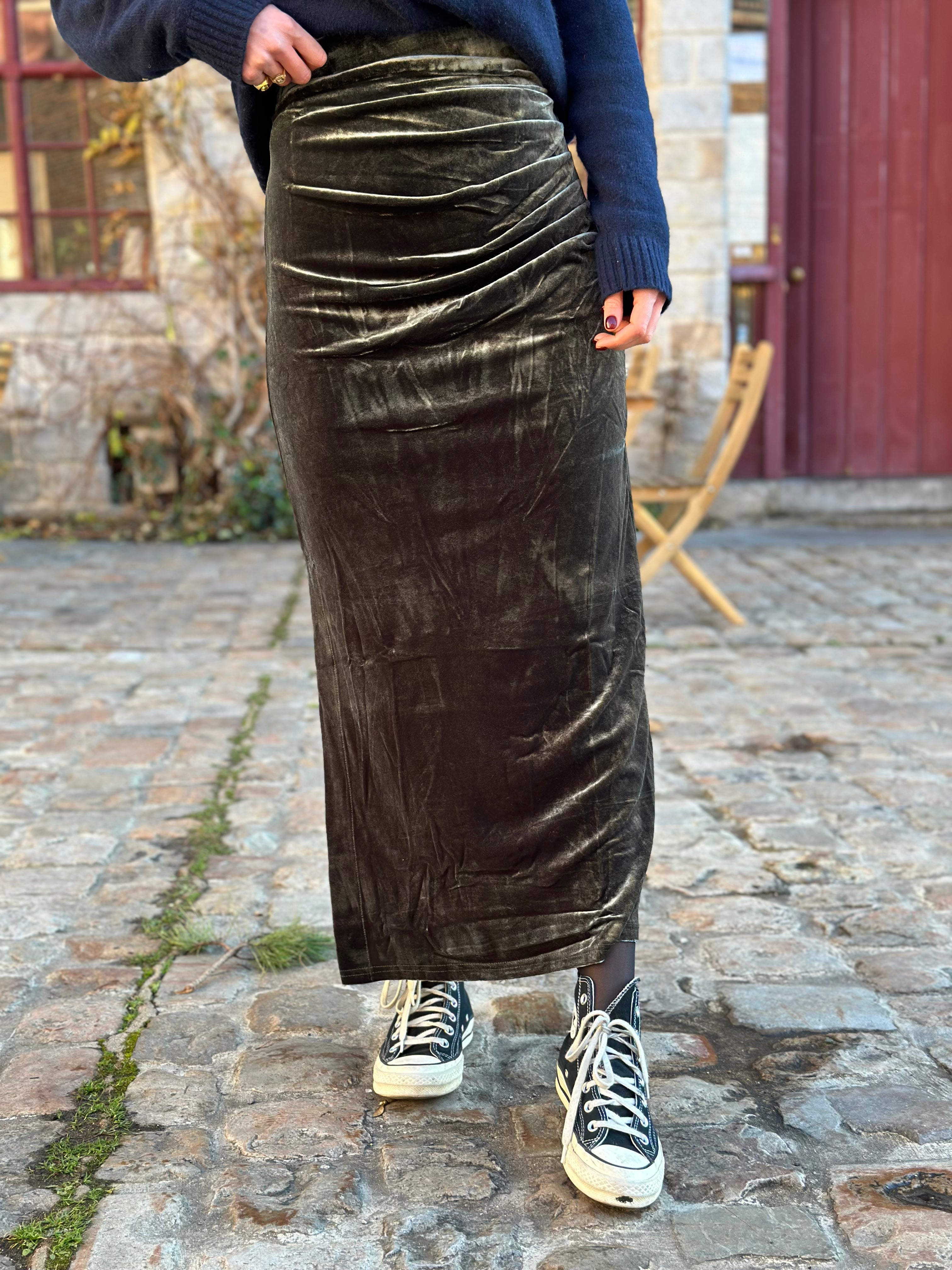 Agathe Khaki Velvet Skirt