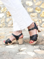 Sandales Talon Bois Cuir Noir - Femme