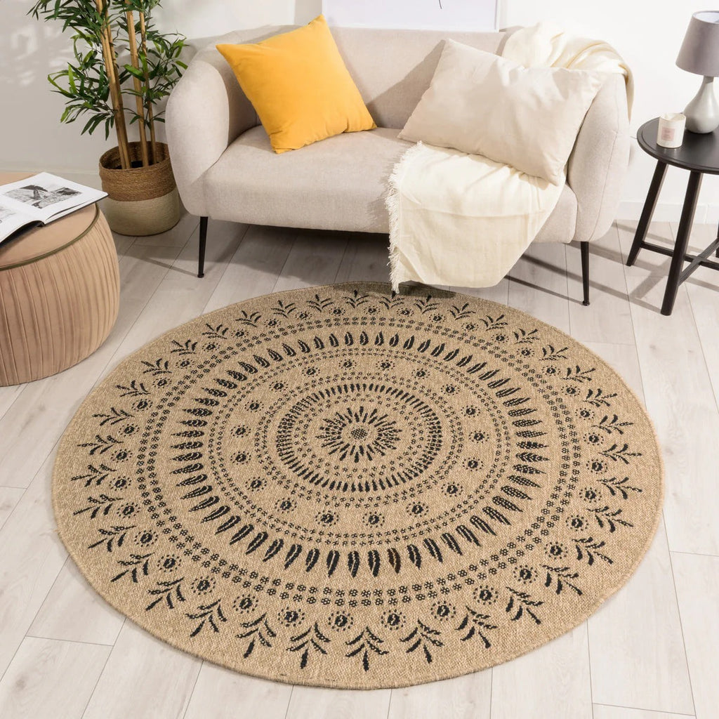 Round Nature Rug Natural Jute Effect - Black Oriental Patterns