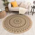 Round Nature Rug Natural Jute Effect - Black Oriental Patterns