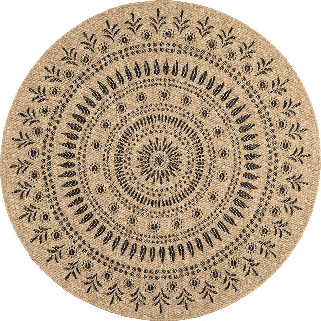 Round Nature Rug Natural Jute Effect - Black Oriental Patterns