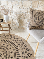Round Nature Rug Natural Jute Effect - Black Oriental Patterns