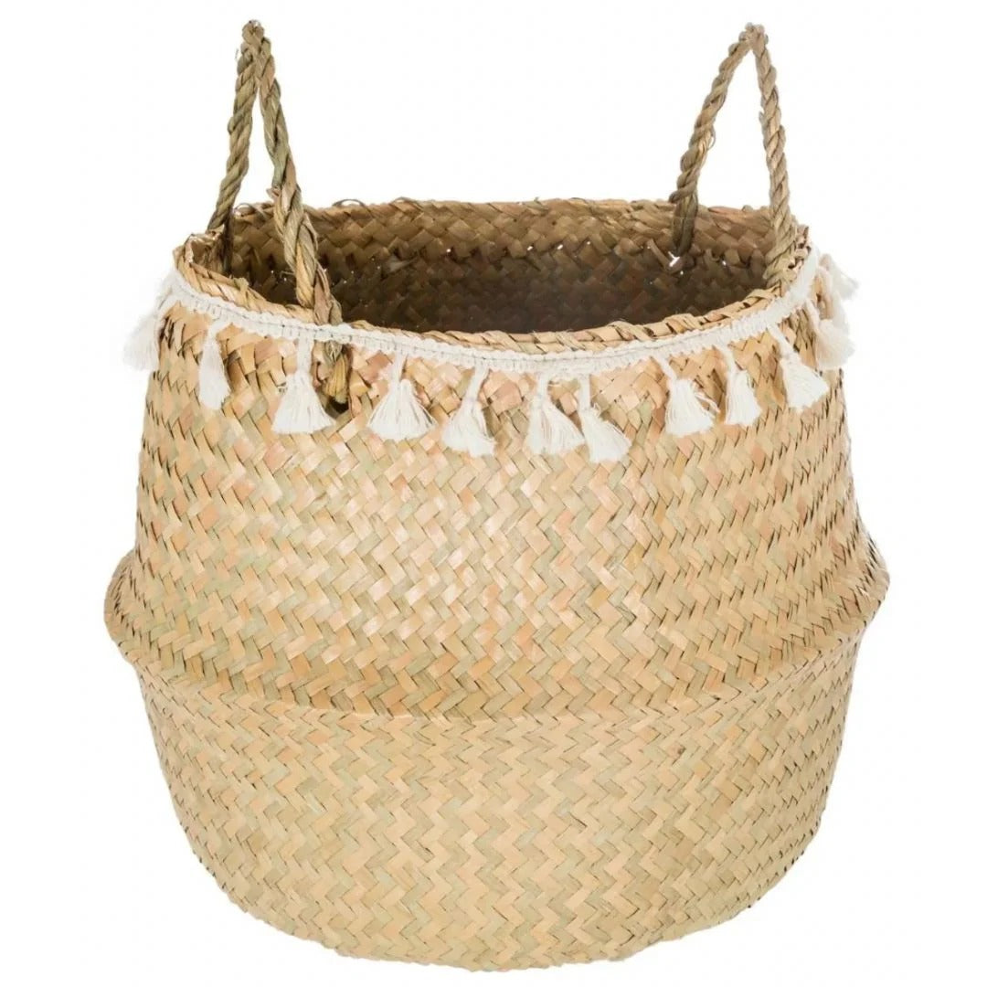 Panier En Roseaux Avec Pompons Blanc