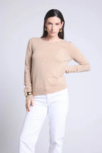 Pull Col Rond Cœur Broderie Anubis - Beige Creme Blanc - Femme