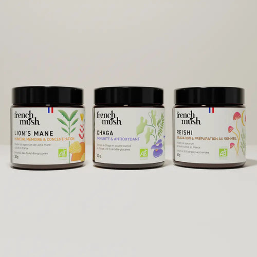 French Mush compléments alimentaires à base d'extraits de champignons médicinaux biologiques fabriqués en France Le Pack Immunité et Stress Poudres - poudre -